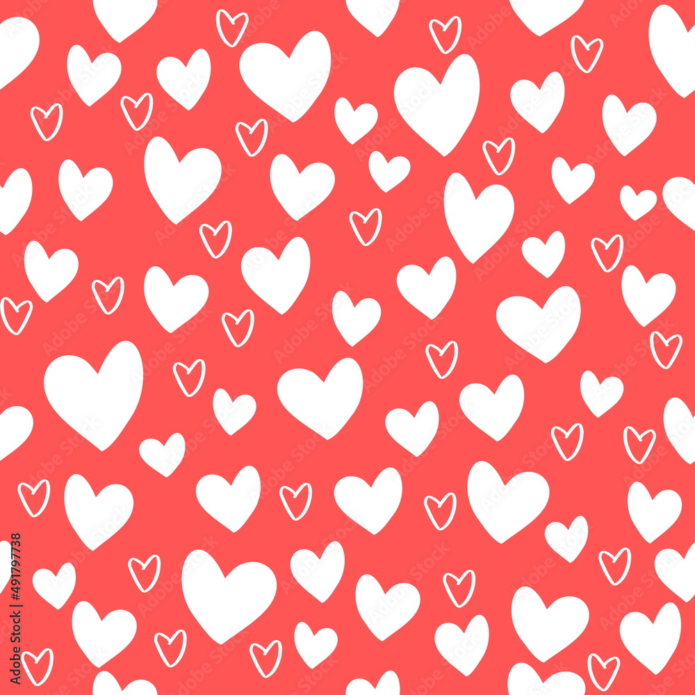 Red white background with hearts drawing, seamless pattern, vector design
