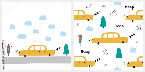 Cute seamless baby vector poster and pattern with yellow car and traffic light