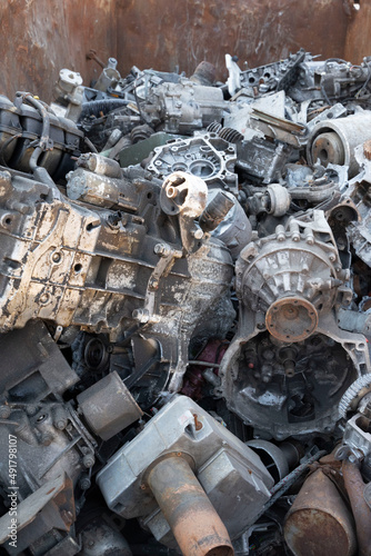 Recycling. Metal parts junkyard. engines