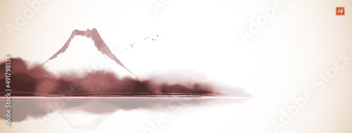 Fujiyama reflecting in water in vintage style. Traditional Japanese ink wash painting sumi-e. Translation of hieroglyph - zen
