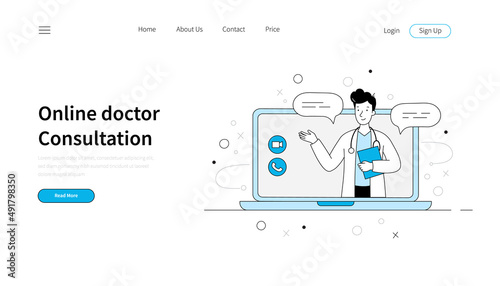 Online doctor, virtual medicine health template. Landing page outline doodle style. Medicine web site, online clinic, mobile pharmacy service vector illustration.
