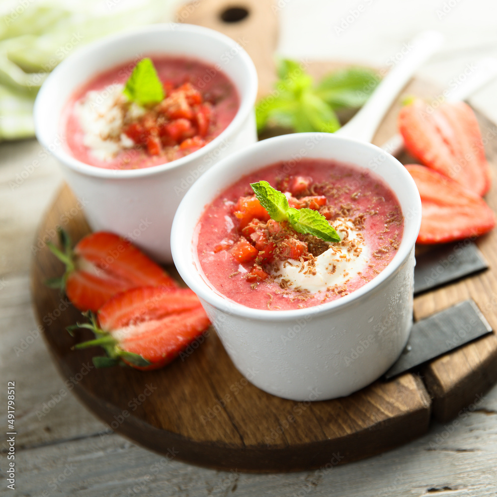 Homemade strawberry soup with chocolate and cream Homemade strawberry soup with chocolate and cream