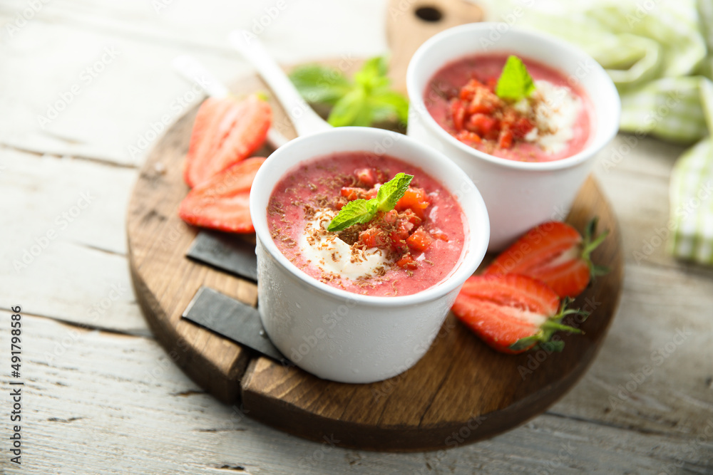 Homemade strawberry soup with chocolate and cream Homemade strawberry soup with chocolate and cream