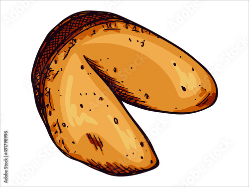 Vector hand drawn chinese fortune cookies isolated on white backgrounds. Food illustration. Crisp cookie with a blank piece of paper inside. For print, web, design, decor, logo.