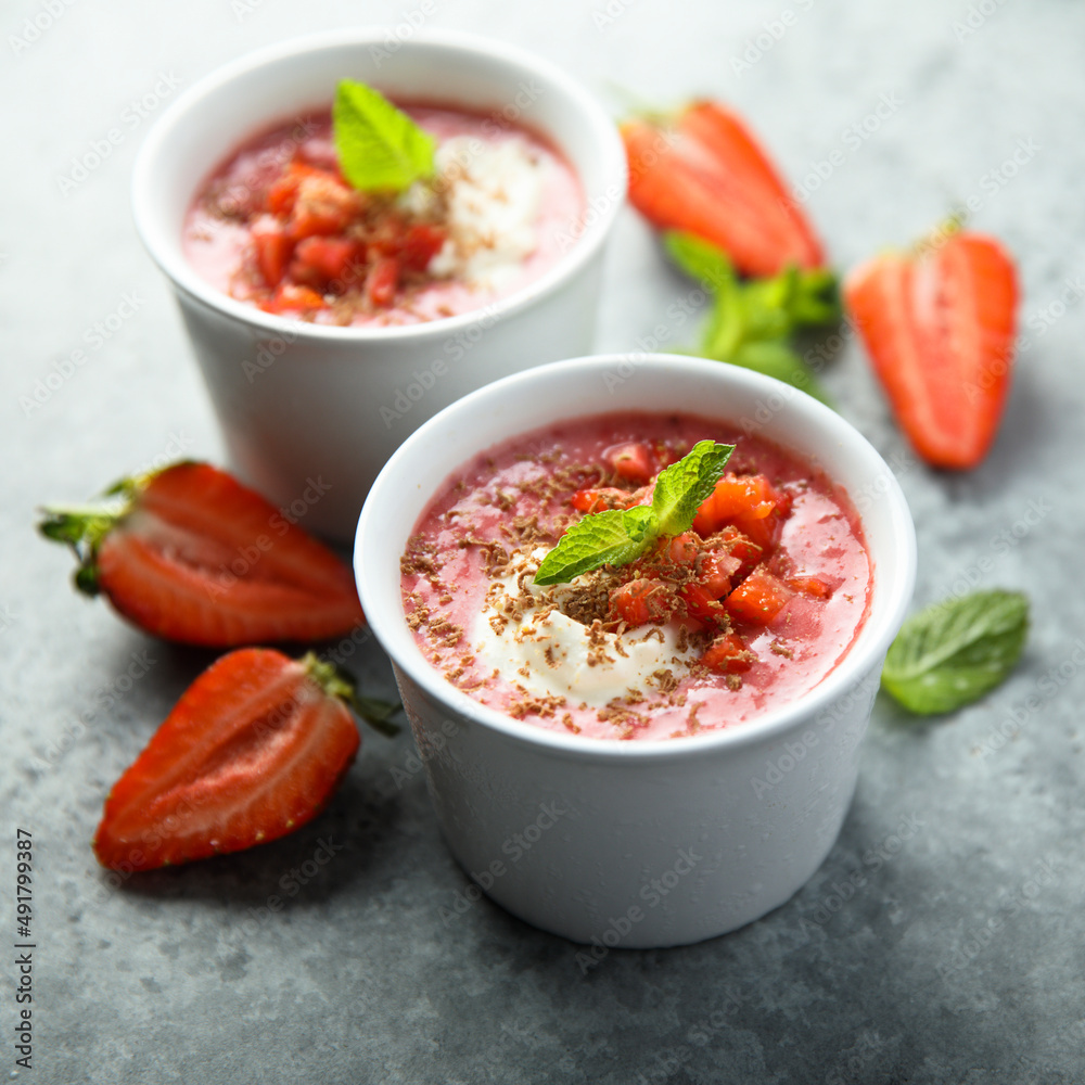 Homemade strawberry soup with chocolate and cream Homemade strawberry soup with chocolate and cream