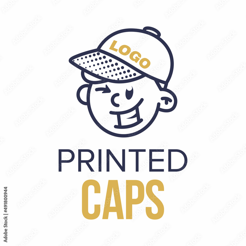 Boy in a cap sign. Funny vector logo template of printable cap. For typography, print, corporate identity, workshop, branding, factory, serigraphy, isolated on gray background, Boy in a cap sign. Funny vector logo template of printable cap. For typography, print, corporate identity, workshop, branding, factory, serigraphy, isolated on gray background,