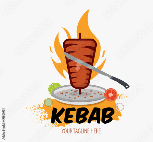 Creative Doner kebab logo with flame element. Shawarma emblem. Turkish fast food restaurant, barbecue cafe or grill bar symbol of skewer or rotating spit with grilled meat.