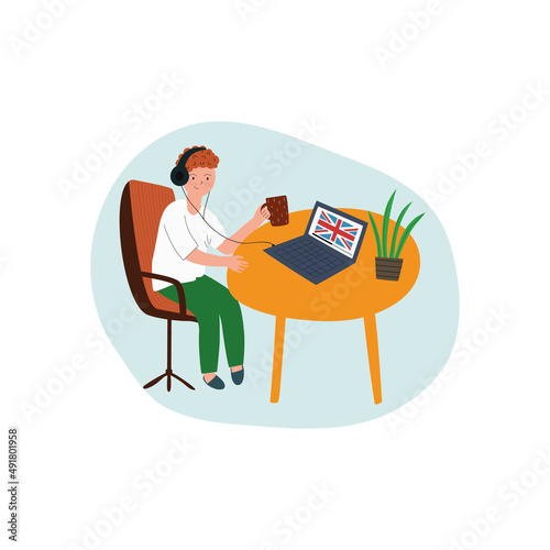 Learning language concept. Easy learn English language with on line courses. Comfortable and safety online education. Man drinking tea while listening english lesson. Vector illustration.