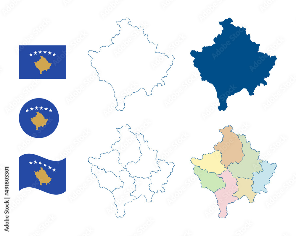 Obraz premium Kosovo map. Detailed blue outline and silhouette. Administrative divisions and districts. Country flag. Set of vector maps. All isolated on white background. Template for design and infographics.