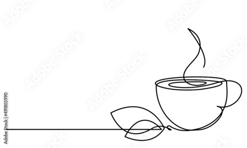 Cup of tea and leaf of tea. Mint tea. Green tea. Vector sketch. Continuous line drawing. Hot drink aroma. Medical anti-virus drink