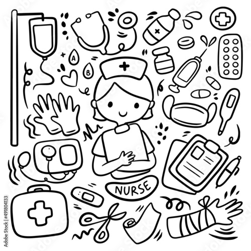 International Nurse Day Doodle, Hand Drawn Medical Equipment Clip Art Vector Illustration
