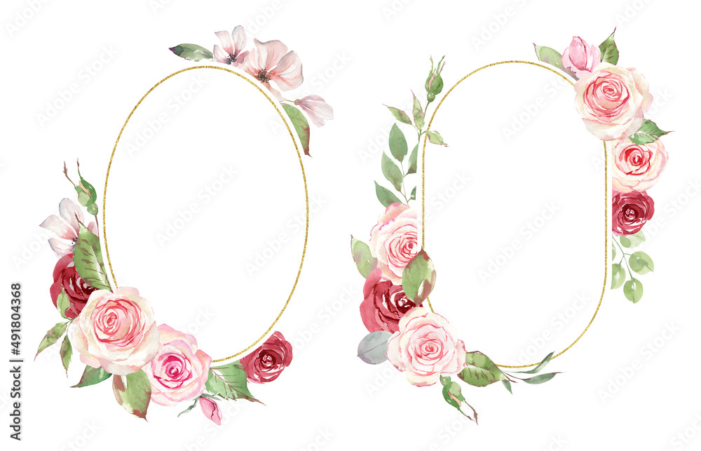 Watercolor wreaths of red and pink roses, green leaves and golden figures. Bohemian holiday decor. Bouquets of roses and leaves. For wedding invitation, greeting cards, wedding decoration
