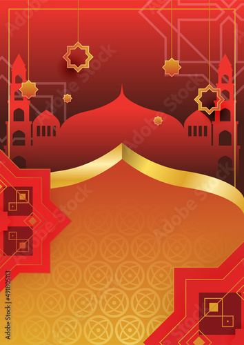 Trendy islamic poster background with mosque  arabic pattern  lantern  moon  and crescent. Can be used for greeting card  poster  banner  invitation  brochure  ramadan  eid  adha  iftar invitation.