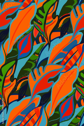 Vector seamless pattern with tropical leaves and exotic toucans. Bright summer cheerful color pattern for any print surfaces. graphic design, wallpaper design, textile design, fun kids design.