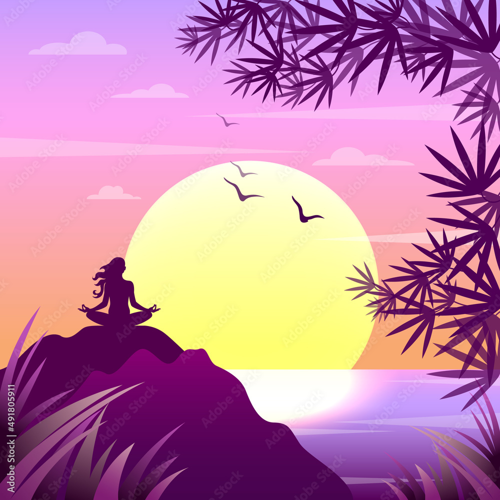 Girl meditating on the ocean coast against the backdrop of a tropical sunset Girl meditating on the ocean coast against the backdrop of a tropical sunset