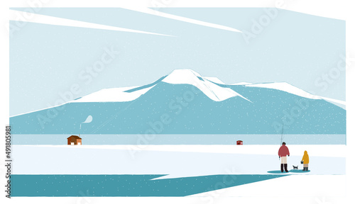 Vector illustration of minimal winter background.Winter activities in iced lake or sea.People enjoy fishing in winter with fishing cabin and dog . 
