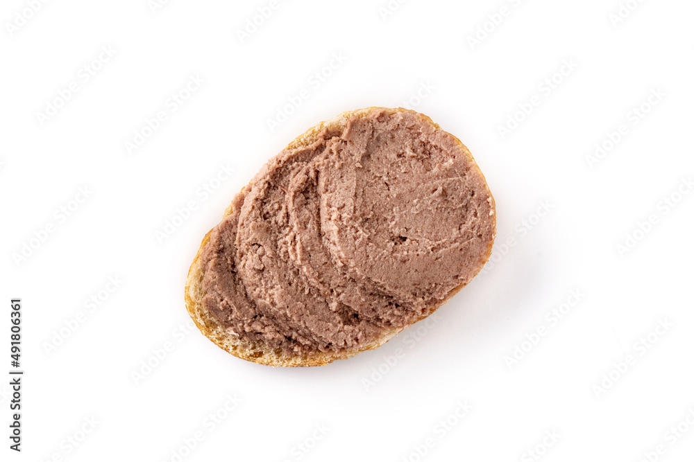 Toasted bread with pork liver pate isolated on white background Toasted bread with pork liver pate isolated on white background