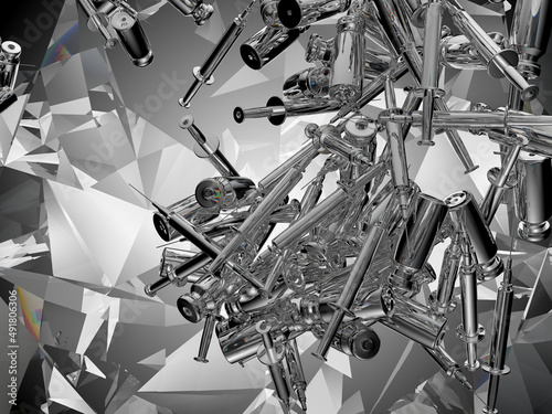Syringes and medicine vials flow and scatter over kaleidoscope abstraction