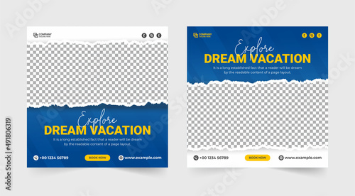 Tour and travel social media post. Travel agency promotion and advertisement template. Travel holiday vacation discount offer template. outdoor adventure vector template. Traveling and hiking banner.