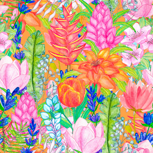Fototapeta Naklejka Na Ścianę i Meble -  Tropical flowers seamless pattern. Watercolor illustration. 