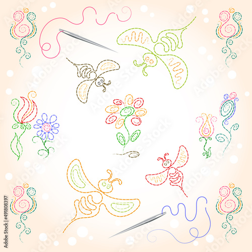 Bees and flowers embroidered with needles and threads on a light background