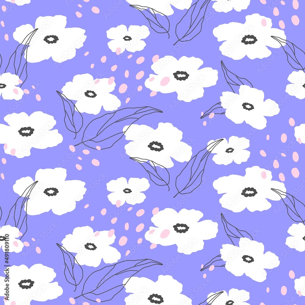 Flat design seamless floral pattern. Spring texture. White flowers on a blue background. Hand drawn abstract pattern with flowers and leaves for textiles, banners, wallpapers. Vector elements Flat design seamless floral pattern. Spring texture. White flowers on a blue background. Hand drawn abstract pattern with flowers and leaves for textiles, banners, wallpapers. Vector elements