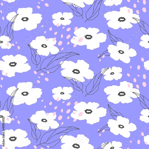 Flat design seamless floral pattern. Spring texture. White flowers on a blue background. Hand drawn abstract pattern with flowers and leaves for textiles, banners, wallpapers. Vector elements