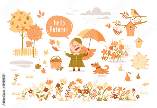 Cartoon autumn landscape with a girl and a dog in the rain.