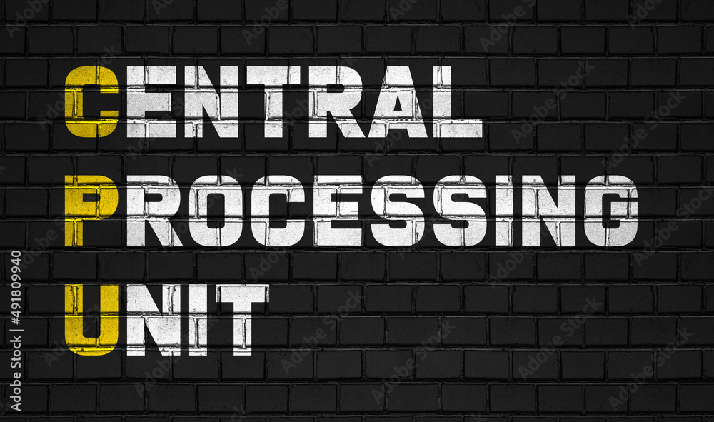 Central processing unit  (CPU) concept,business abbreviations on black wall 
