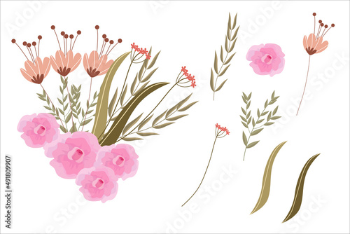 Set of pink floral elements and arrangements
