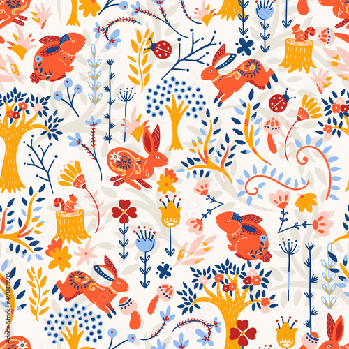 Spring Red Rabbits in Forest Vector Seamless Pattern
