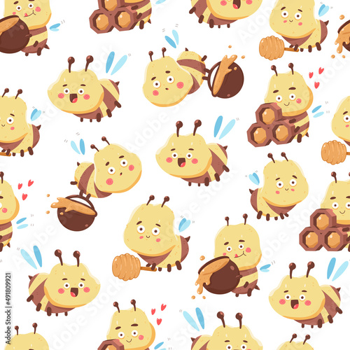 Cute bee seamless pattern vector cartoon background.