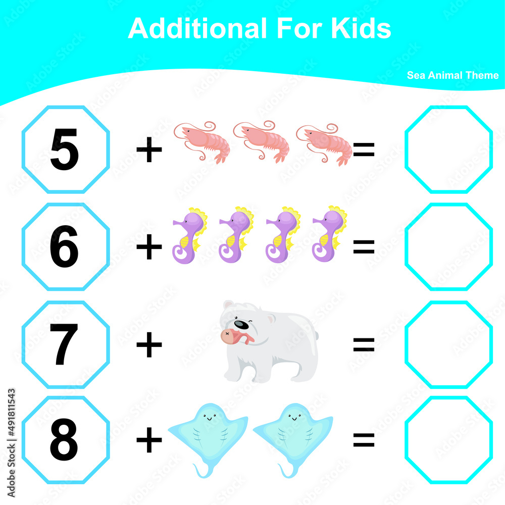Counting Addition Game for Preschool Children. Educational printable math worksheet. Additional math worksheet. Vector illustration.