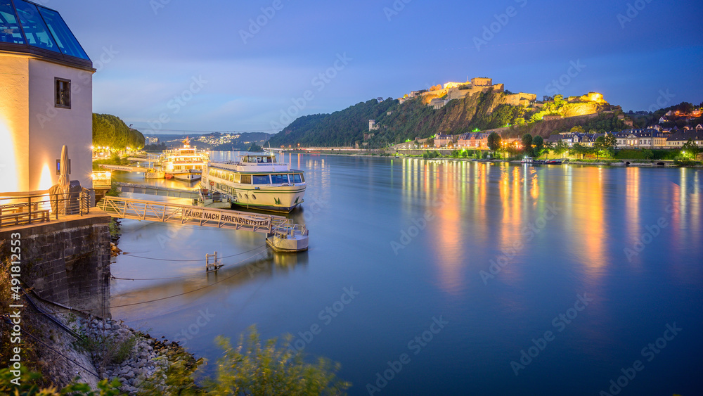 Panoramic View of Koblenz and Fortress Ehrenbreitstein at Night, Germany