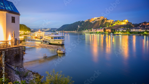 Obraz na płótnie Panoramic View of Koblenz and Fortress Ehrenbreitstein at Night, Germany w salonie