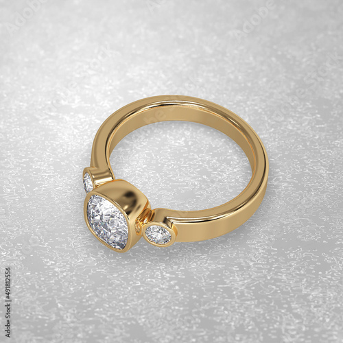 three stone engagement ring laying down position in metal gold 3D render