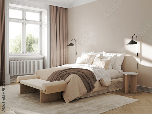 3d rendering of a taupe Scandinavian bedroom with wooden bench, wall lamps and a big cosy fluffy bed photo