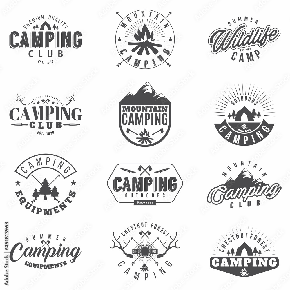 Camping Set 12 badges Monochrome. Collection of outdoor camping icons Camping Set 12 badges Monochrome. Collection of outdoor camping icons
