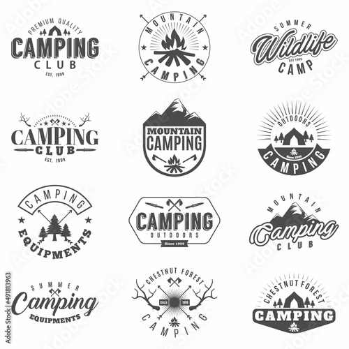 Camping Set 12 badges Monochrome. Collection of outdoor camping icons