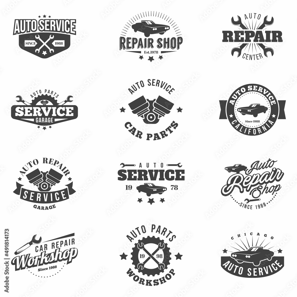 Car Service 12 badges monochrome set. Retro vintage automotive service and restoration templates. Logo design.