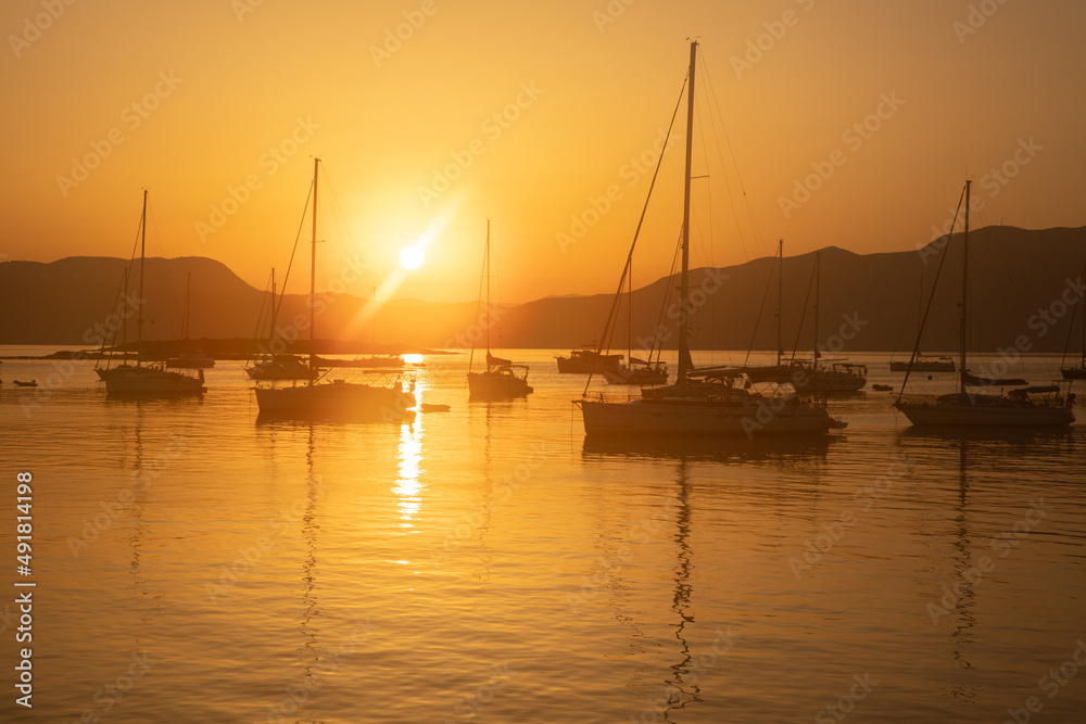 Beautiful seascape off the coast of Kastos island, Ionian sea, Greece in summer morning during sunrise.