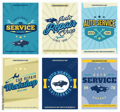 Car Service 6 posters set. Retro vintage automotive service and restoration templates. Logo design.