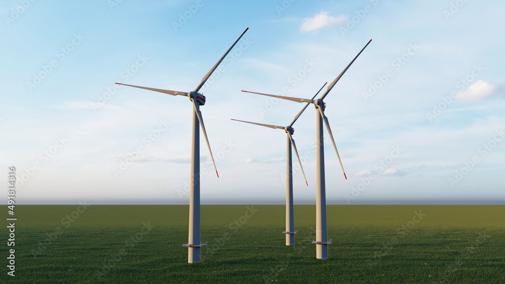 8K Ultra Hd. Offshore Wind Turbines Farm At Blue Sky. 3D Rendering ...