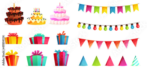 Birthday party isolated elements set with colorful presents fairy lights flags. Colorful balloons, carnival celebration food and candy. Gifts presents, sweet cupcakes and celebration cake.