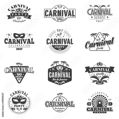 Carnival set of 12 monochrome badges in retro style with masquerade masks, ferris wheel, musical instruments