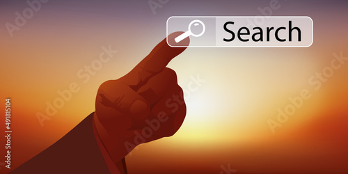 Concept de la recherche commercial ou de l’information sur internet avec une main qui pointe le doigt sur le mot search.