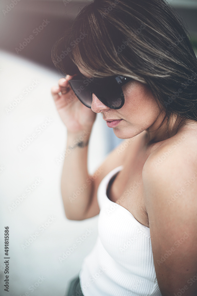 portrait of nice-looking calm girl . Woman looking down portrait of nice-looking calm girl . Woman looking down