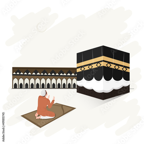 Islamic Festival Concept With Muslim Man Offering Namaz (Prayer) At Mat In Front Of Kaaba On White Background And Copy Space.