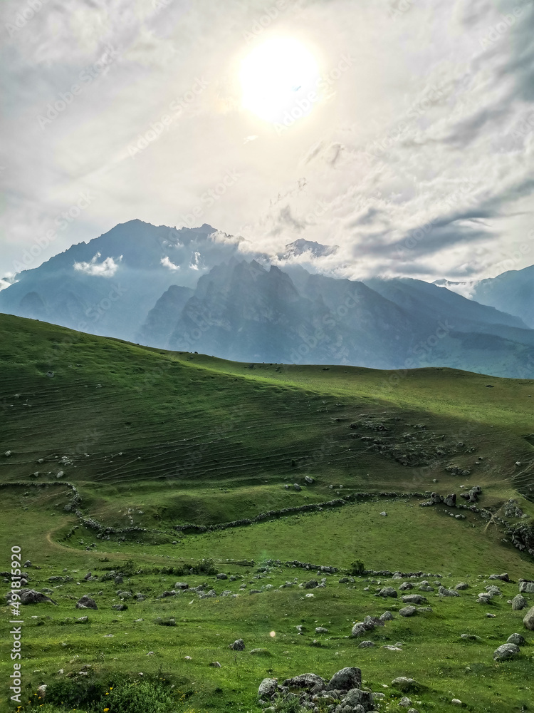 Obraz premium A mountain valley in the gorge of the Cherek-Balkar River in the vicinity of the Gymyhli tract. Caucasus 2021