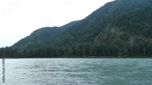 Wild mountain river. View from bank. Fast water stream, hills and forest behind. Cloudy day. Altai Republick, Russia. High quality 4k footage